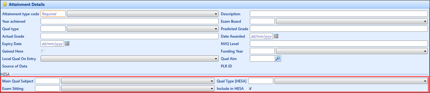 New HESA fields Attainment Details screen